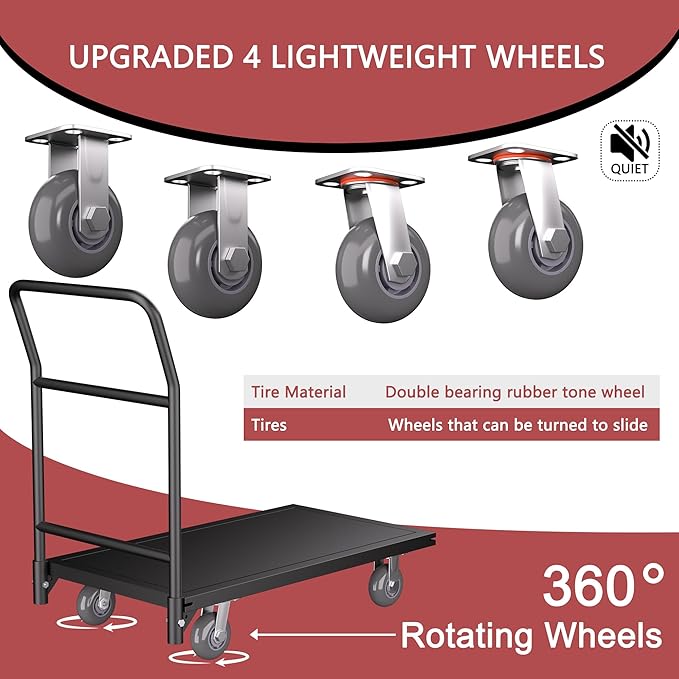 Platform Truck, 2100 lbs Load Bearing Carbon-Steel Heavy Duty Cart, 47.24" Length x 23.62" Width x 35.03" Height Flat Cart with 5" Swivel Casters, Push Cart Dolly for Warehouse and Home Moving