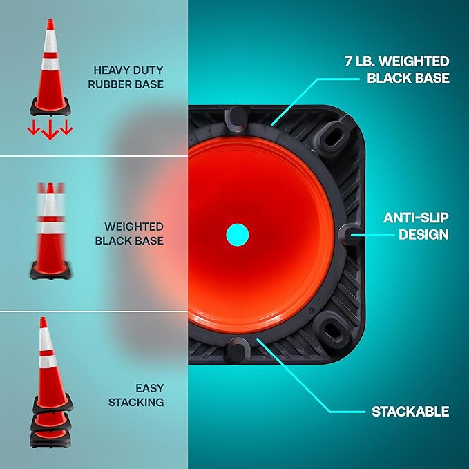 Brimar 28 Inch Traffic Cones, 6 Pack, Orange PVC Safety Cones with Black Base for Construction, Road Parking, MUTCD Approved Traffic Cones with 3M Reflective Bands, Structurally Stable Wearproof