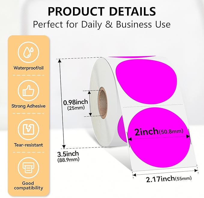 2 inch Dot Stickers Labels Circle Garage Sale Sticker 750Pcs Round Thermal Printer Stickers Printable Writable Price Labels for Yard Sale, Fluorescent Purple