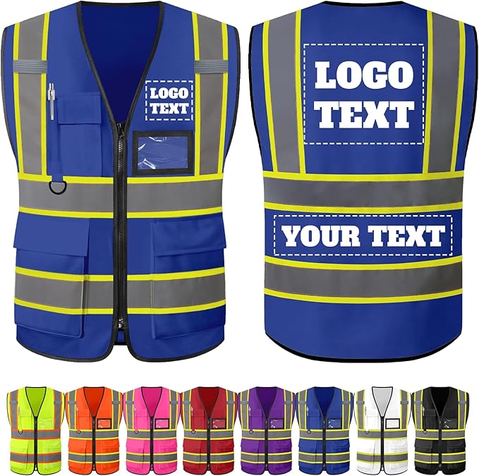 Custom Safety Vest with Logo Personalized High Visibility Vest Reflective for Men with Pockets Zipper Construction Workwear