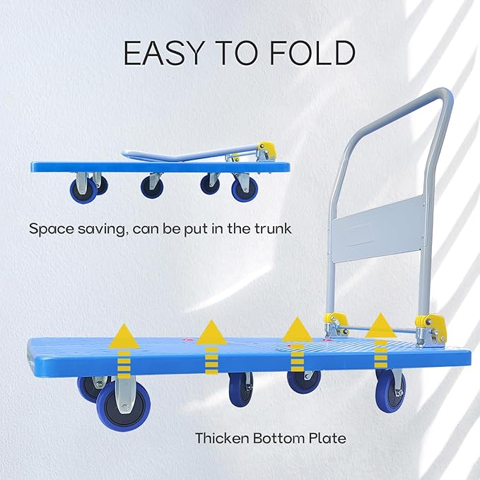 Doppy Flatbed Cart, 1320lbs Heavy Duty Capacity Platform Hand Truck 360 Degree Swivel Wheels Foldable Push Hand Cart for Loading and Storage, Warehouse (Blue)