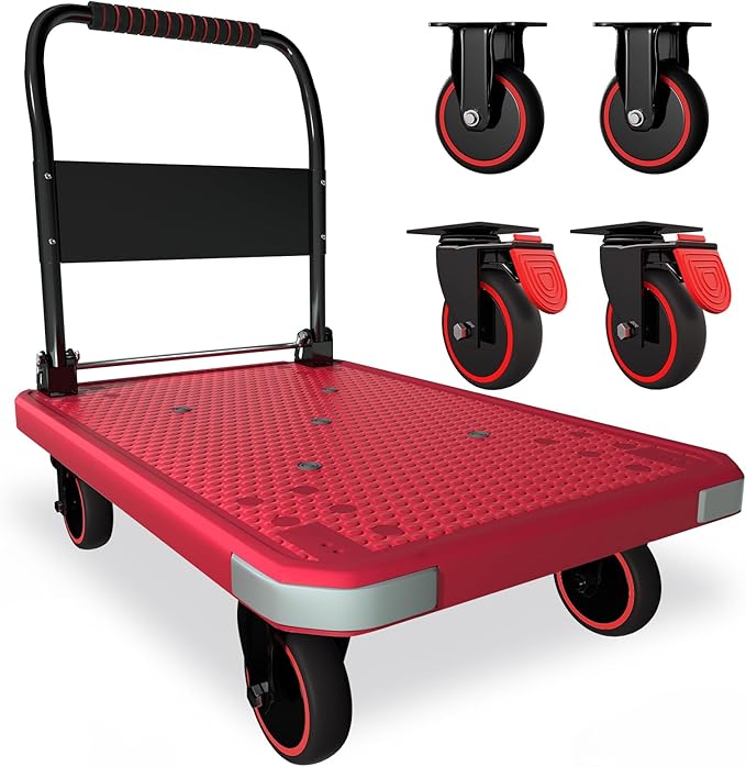 WUD Foldable Hand-Push Platform Truck with Brake, 360-Degree Swivel Wheels, 35.4”L x 23.6”W, 880 lb Load Capacity, Suitable for Luggage, Travel, Moving, Shopping, Office, Home Garden,Pink
