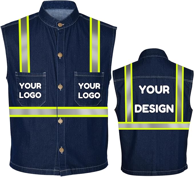 YOWESHOP Men's Reflective Safety Denim Vest，Custom Safety Outdoor Denim Work Vest with Hi-Vis Stripes for Night Commute