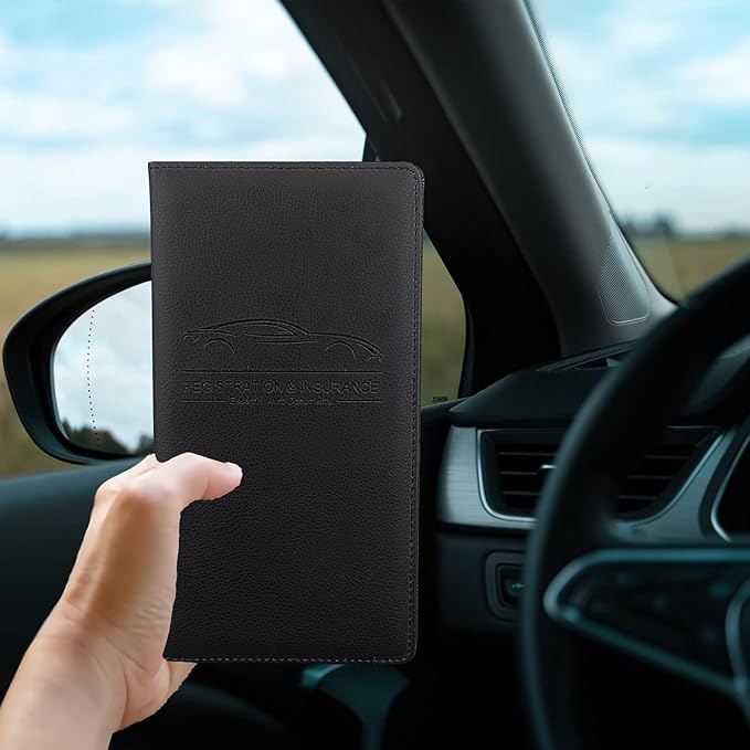 Car Registration and Insurance Holder, Premium Pu Leather Vehicle Glove Box Organizer - for Driver License, Cards & Essential Documents (L-Black)