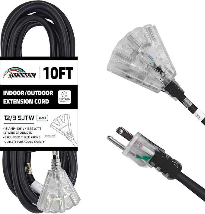 3-Outlets Indoor Outdoor Extension Cord Weatherproof with Lighted End, UL Listed, 12 Gauge 10FT Black 3 Prong Heavy Duty, 12/3 SJTW 15A Power Cord