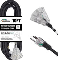 3-Outlets Indoor Outdoor Extension Cord Weatherproof with Lighted End, UL Listed, 12 Gauge 10FT Black 3 Prong Heavy Duty, 12/3 SJTW 15A Power Cord