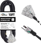 3-Outlets Indoor Outdoor Extension Cord Weatherproof with Lighted End, UL Listed, 12 Gauge 10FT Black 3 Prong Heavy Duty, 12/3 SJTW 15A Power Cord
