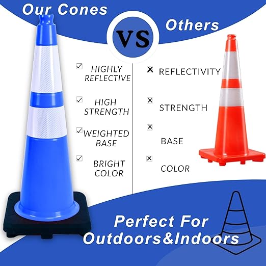 BESEA 4PACK 28 inch Traffic Safety Cones Blue Road Parking Cones 28" Heavy Duty Construction Cone Structurally Stable for Traffic Control at Public Place(4PCS)