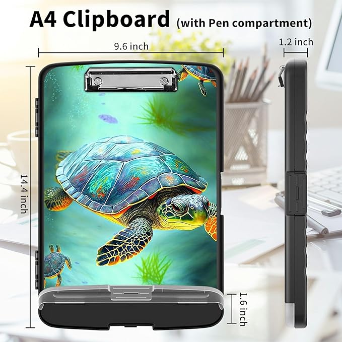 Clipboard with Storage High Capacity Plastic Nursing Clipboards with Pen Holder File Folder Storage Box Clipboard with Heavy Duty Clips for Teacher,Doctor,Offices-Sea Turtles