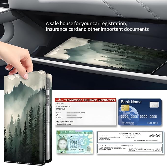 Premium Car Registration and Insurance Card Holder, Cute PU Leather Car Document Holder, Vehicle Glove Box Car Organizer with Magnetic Closure for Driver License, Cards Forest Green Mountains