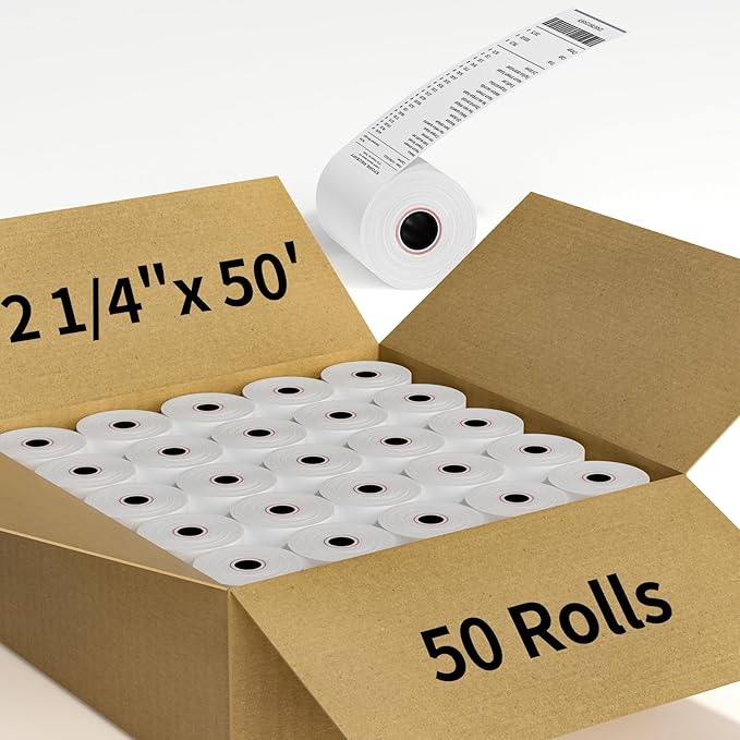 (50 Rolls) 2 1/4" x 50' Thermal Receipt Paper Rolls, Cash Register POS Thermal Paper, Credit Card Rolls Thermal 2 1/4 in x 50 ft.