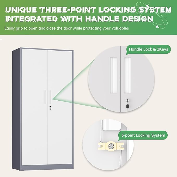 INTERGREAT Metal Storage Cabinet with Lock, 61" H Metal Cabinets Storage with 2 Doors and 4 Adjustable Shelves, Locking Garage Cabinet for Home Office, Kitchen, Bathroom (White Grey)