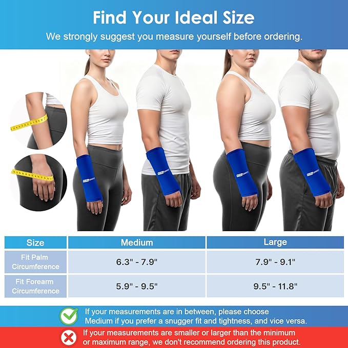 ComfiTECH Wrist Ice Pack Wrap 2 Pack, Flexible Hand Ice Pack for Carpal Tunnel, Thumb & Forearm, Reusable Gel Cold Sleeve with Adjustable Strap for Comfort and Support, Blue, Large