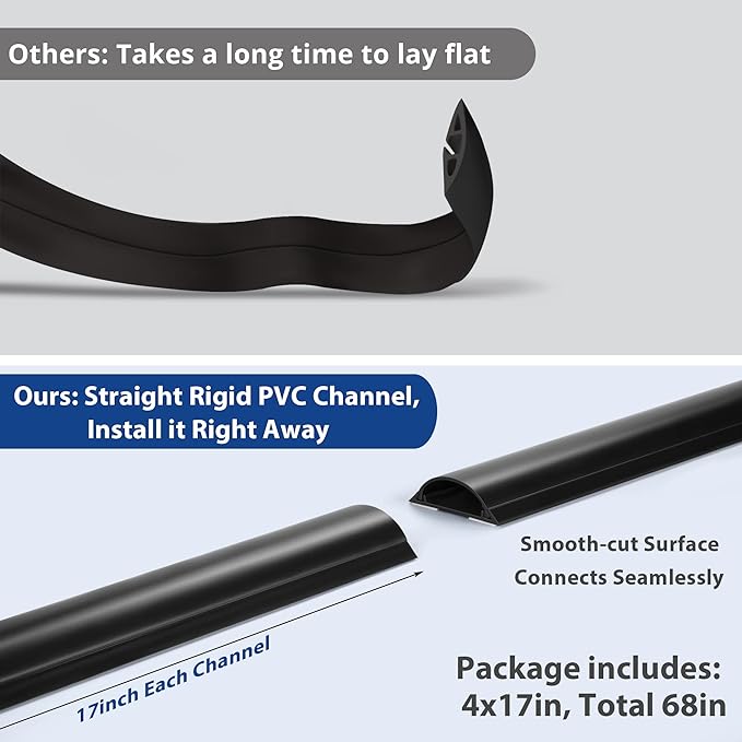 Cord Cover Floor 68in (4 x L17in), Large Capacity Floor Cable Cover, Hard PVC Cord Hider, Wire Cable Management Raceway, Black, Cord Cavity - 1.8"(W) x 0.6"(H)