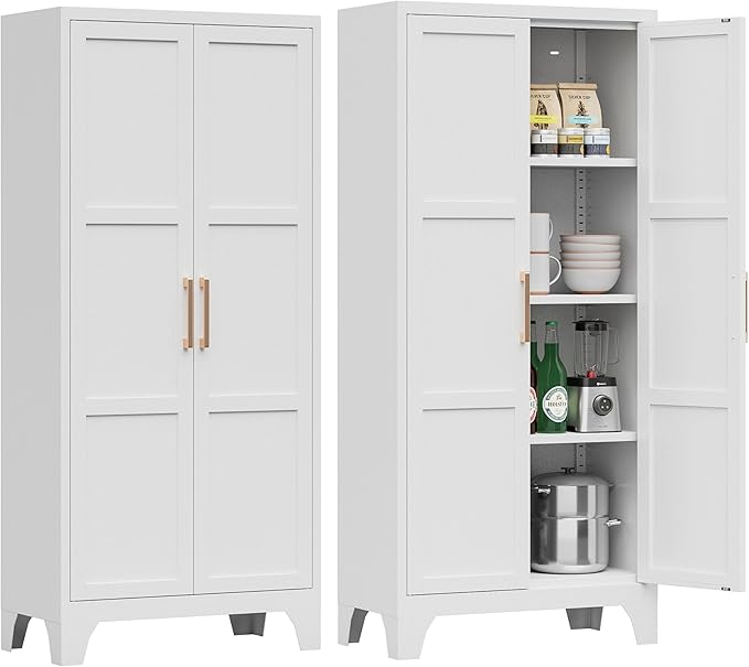 White Metal Kitchen Pantry Cabinet with Doors & Adjustable Shelves - Assembly Required