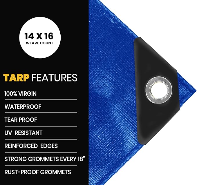 PROTARP Extra Heavy Duty 16 Mil Tarp Cover, Waterproof, UV Resistant, Rip and Tear Proof, Poly Tarpaulin with Reinforced Edges for Roof, Camping, Patio, Pool, Boat. (Blue 12′ X 20′)