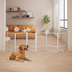6 Panels Full Metal Freestanding Dog Gates with Door, 120” W x 32” H Folding Pet Gate Fence with Support Feet for Indoor,Stairs, Hallways and Doorways(White)