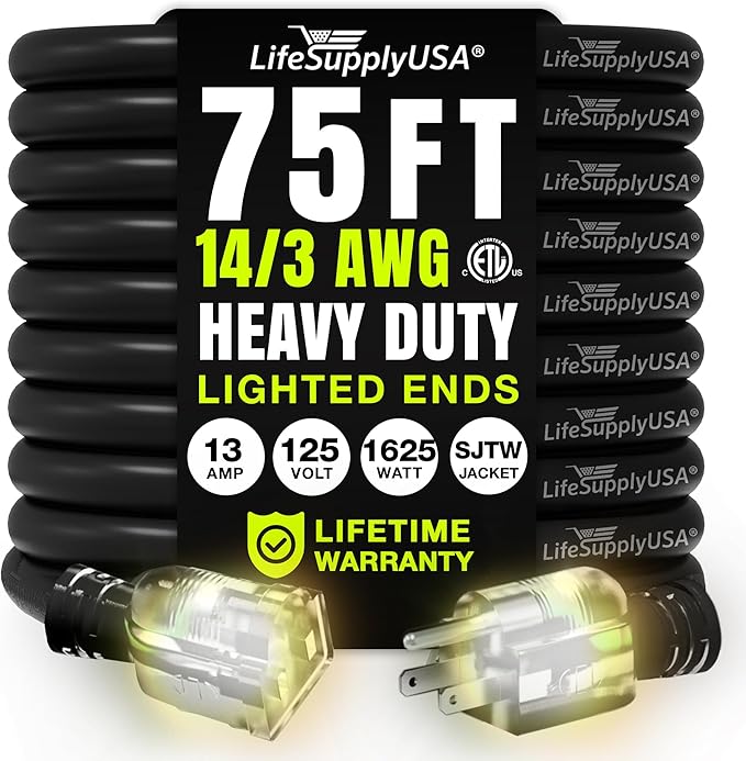 75ft Outdoor/Indoor Extension Cord 14/3 Gauge Heavy Duty 3 Prong SJTW, Waterproof, ETL Listed, Flexible Cold-Resistant Long Power Cord,13A 125V 1625W, Black by LifeSupplyUSA
