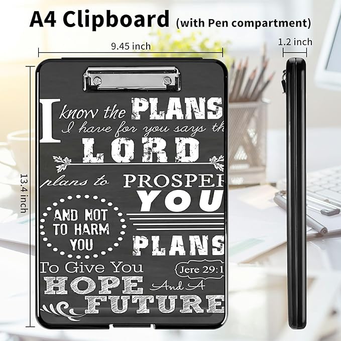 A4 Clipboards,Heavy Duty Waterproof Nursing Plastic Folder Clipboard with Storage Clip Boards,File Folder Storage Box Clipboard Case for Teacher,Doctor,Offices,Jeremiah 29-11 Bible Verse
