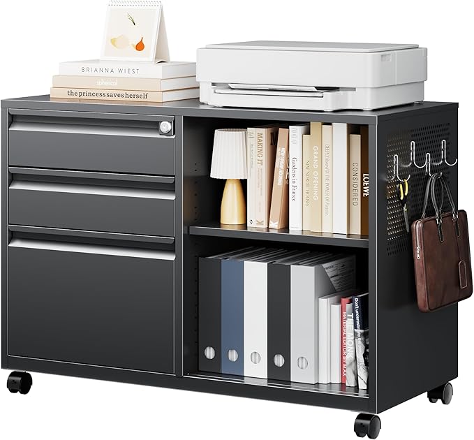 Letaya Mobile 3 Drawer File Cabinet with Lock-Metal Lateral Rolling Printer Stand Filing Cabinets for Home Office-Storage A4/F4/Letter (Black)