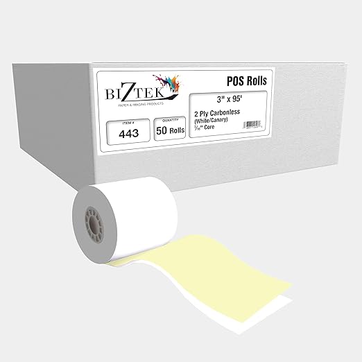 Carbonless, Receipt Rolls, Paper, 3" x 95' x 7/16" Core, 2 Ply White/Canary, 50 Rolls per Carton