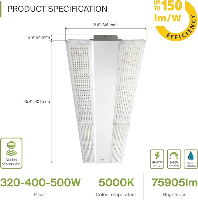 ASD LED Linear High Bay Light Fixture, Commercial Shop Lighting | Dimmable, Power Adjustable, DLC Premium, UL Listed | 500W 75000LM 5000K 100-277V | Warehouse, Garage, Workshop Lamp | White