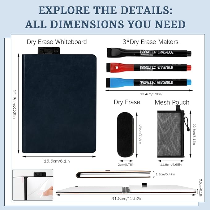 8.4" x 6" Portable White Board Dry Erase Notebook, PU Leather Shell Double Sided Folding Whiteboards with 3 Pens, Small Travel Dry Erase Board for Study, Meeting, Planning,doodling,Gift for Child