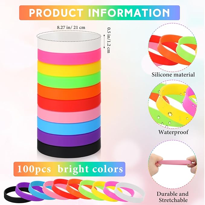 Liliful 100 Pcs Silicone Rubber Wristbands Rubber Wristband Bracelet Bands for Silicone Wristbands for Women Men(Colorful)