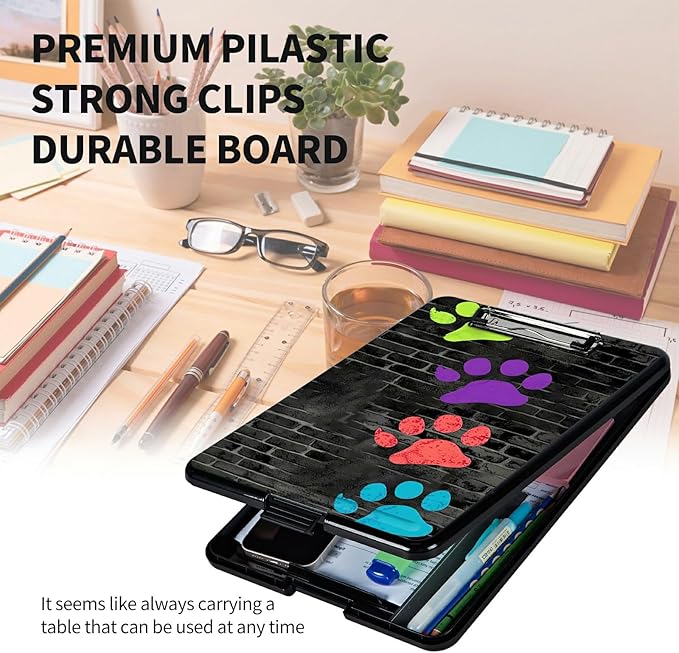 A4 Clipboards,Heavy Duty Waterproof Nursing Plastic Folder Clipboard with Storage Clip Boards,File Folder Storage Box Clipboard Case for Teacher,Doctor,Offices,Paw Prints