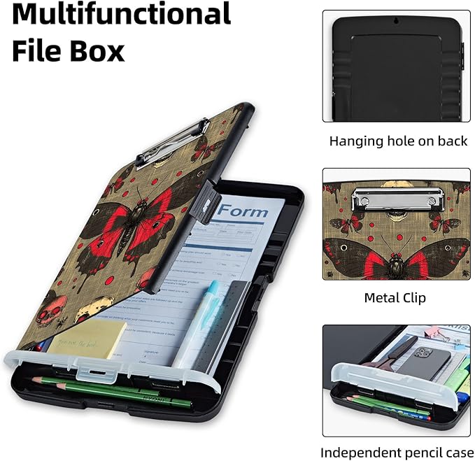 Clipboard with Storage Box & Pen Holder,Heavy Duty Clip Boards 8.5x11 for Nursing,High Capacity,School & Office Supplies,Skull Butterfly Gothic