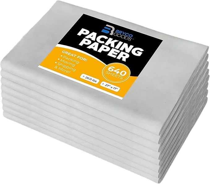 Bryco Goods Packing Paper Sheets for Moving | 640 Sheets | 27" x 17" | 20lb | Made in USA | Newsprint Paper | Must Have in Your Moving Supplies