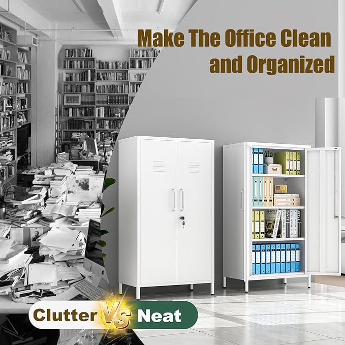 White Metal Locker Cabinet, 47" H Home Office Storage Lockers, Vertical Steel Storage Cabinet with Locking Door and 3 Adjustable Shelves, Garage Tool File Cabinets for Home Office,Garage,Bathroom.