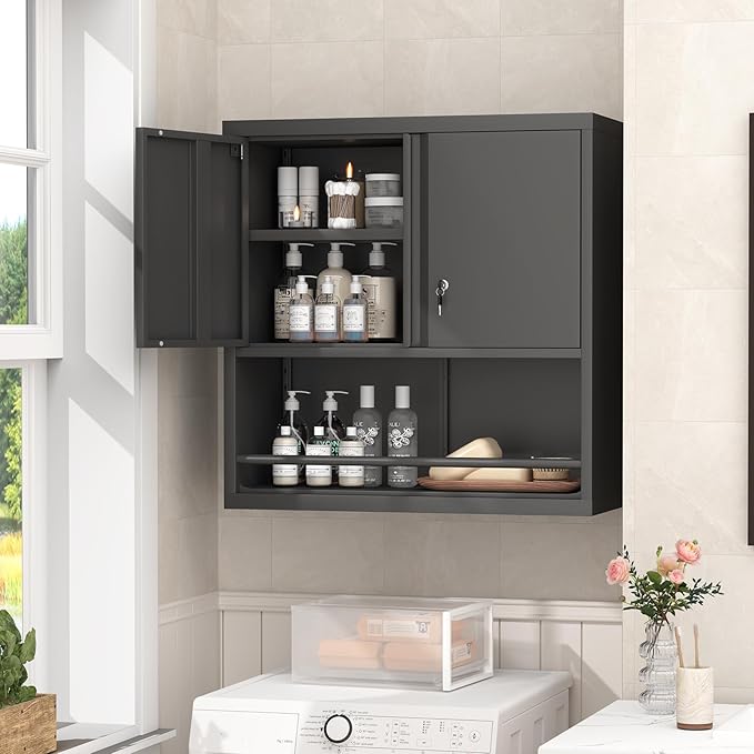 GREATMEET Garage Wall Cabinet, Metal Garage Storage Cabinets, Locking Utility Cabinet, Hanging Cabinets for Wall, Wall-Mounted Garage Cabinets, Black