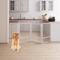 4 Panels Full Metal Freestanding Dog Gates with Door, 80” W x 32” H Folding Pet Gate Fence with Support Feet for Indoor,Stairs, Hallways and Doorways(White)