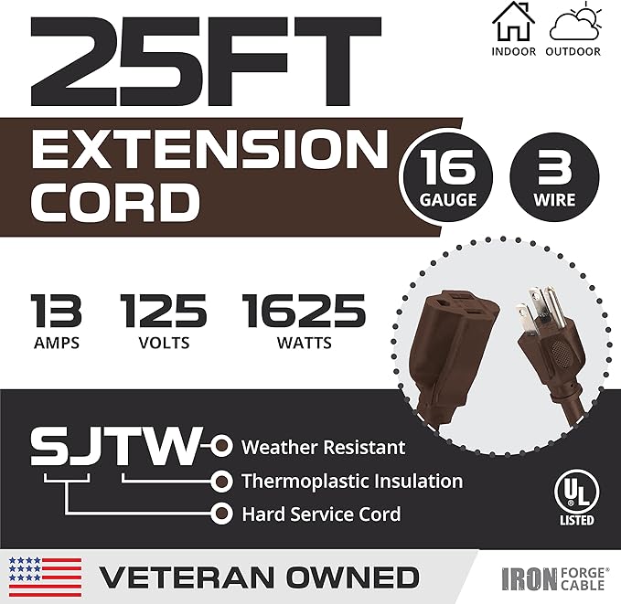 Iron Forge Cable Outdoor Brown Extension Cord 25 ft - 16 Gauge 13 Amp Heavy Duty Brown Outdoor Extension Cords 3 Prong - 16/3 SJTW - Great for Outdoor