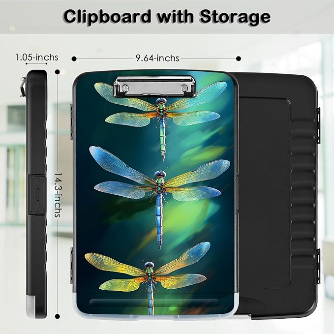 Clipboard with Storage,Office Supplies Nursing Clipboards Folder with Pen Holder Plastic Storage ClipBoard Foldable for Teacher Nurse,Green Dragonflies