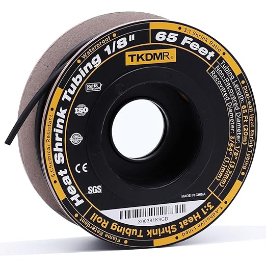 TKDMR 65 Ft 1/8" Heat Shrink Tubing - 3:1 Ratio Marine Grade Heat Shrink,Wire Cable Adhesive Lined Tube Insulation Seal Against Moisture Corrosion and Air Leakage.Black