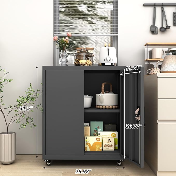 GREATMEET 31.5" H Lockable Storage Cabinet, Small Locking Cabinet with Doors and Adjustable Shelves, Metal Garage Storage Cabinets, Utility Cabinets for Office,Home,Garage,Classroom, Black