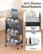ALVOROG 3 Tier Rolling Cart with DIY Pegboards Metal Utility Cart with Wheels Handles Baskets Hooks, Storage Cart for Office Kitchen Bathroom(Gray)