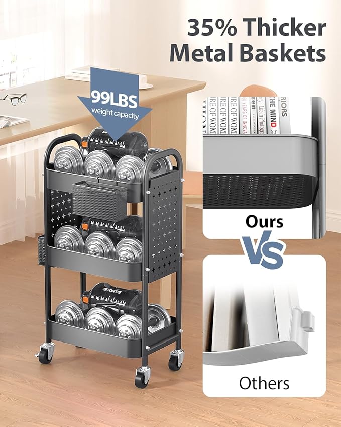 ALVOROG 3 Tier Rolling Cart with DIY Pegboards Metal Utility Cart with Wheels Handles Baskets Hooks, Storage Cart for Office Kitchen Bathroom(Gray)
