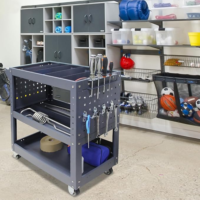 3 Tier Rolling Tool Cart with 6 Dividers, Mesh Panels & Screwdriver Shelf, 500 lbs Capacity, 32.5"x31.5"x15"