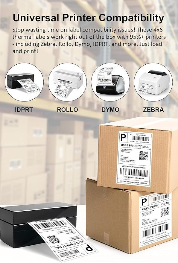 4x6 Thermal Labels, Razuvo Printable Shipping Labels for Direct Thermal Shipping Label Printer, 500 Pack Per Stack, Fanfold, White