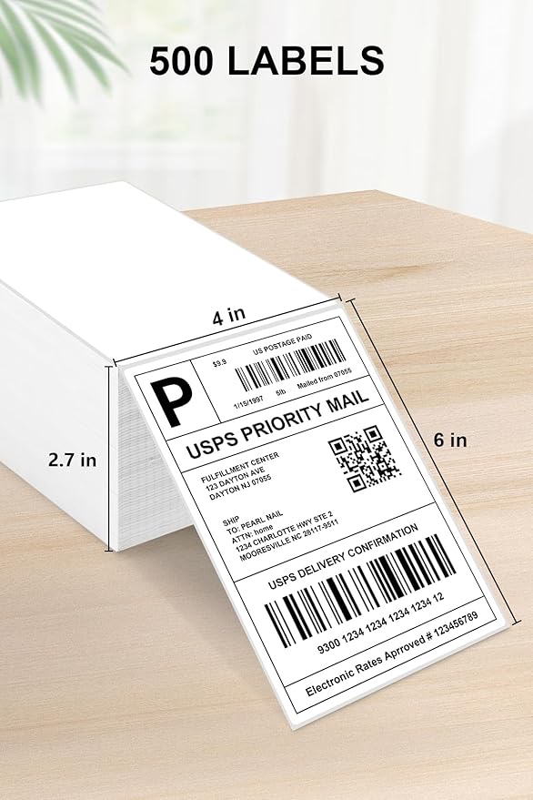 4x6 Thermal Labels, Razuvo Printable Shipping Labels for Direct Thermal Shipping Label Printer, 500 Pack Per Stack, Fanfold, White