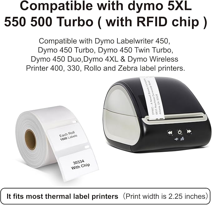 Hehua 10-Roll 2-1/4" x 1-1/4" Compatible with DYMO Labelwriter 550 5XL 30334 with RFID Chip, Multipurpose Barcode & FNSKU Labels, Perforated, Compatible with DYMO Desktop Printers, Total 10000 Labels