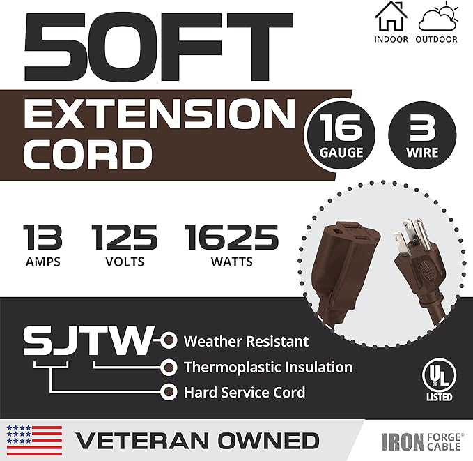 Iron Forge Cable Outdoor Brown Extension Cord 50 ft - 16 Gauge 13 Amp Heavy Duty Brown Outdoor Extension Cords 3 Prong - 16/3 SJTW - Great for Outdoor