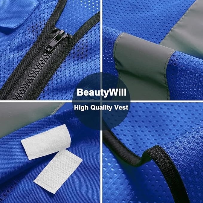 10 Pack Mesh Safety Vest Custom Logo High Visibility Reflective Vest with Pockets Security Work Vest（Blue，M）