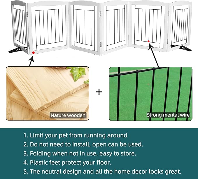 Dog Fence Indoor - 6-Panel Freestanding Dog Gate for Doorways,Hallways, House or Stairs -120x24-Inch Retractable Foldable Expandable Wood Pet by SFJC (White)