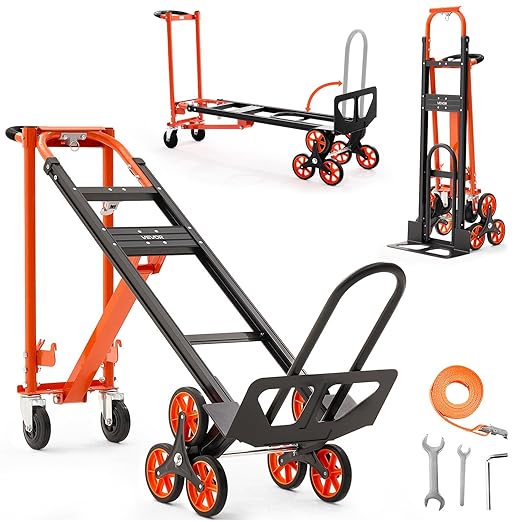 VEVOR 3 in 1 Industrial Convertible Stair Climbing Cart, 770 lbs Max Load, Folding Hand Truck Dolly with Handle & Wheels, Stair Climbing Utility Trolley for Transport & Moving, Orange & Silver