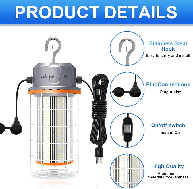 400W LED Temporary Work Light，56000Lumens 5000K Daylight White ON/Off Switch & Hook, IP65 Dust & Waterproof,Portable Hanging Construction Site Light for Jobsite, Warehouse, Workshop, Outdoor Projects