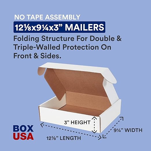 Box USA 12" Deluxe Shipping Boxes 12.125"L x 9.25"W x 3"H, 50-Pack - White Box Mailers for Packaging, Storage, Gifts or Bulk Business Orders
